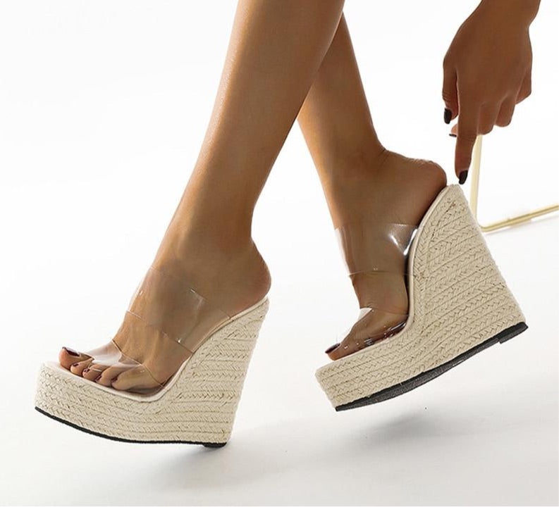 Nia Clear Raffia Wedge Heels