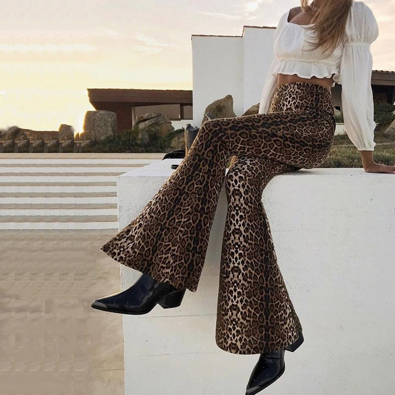 Animal print flare fashion trousers